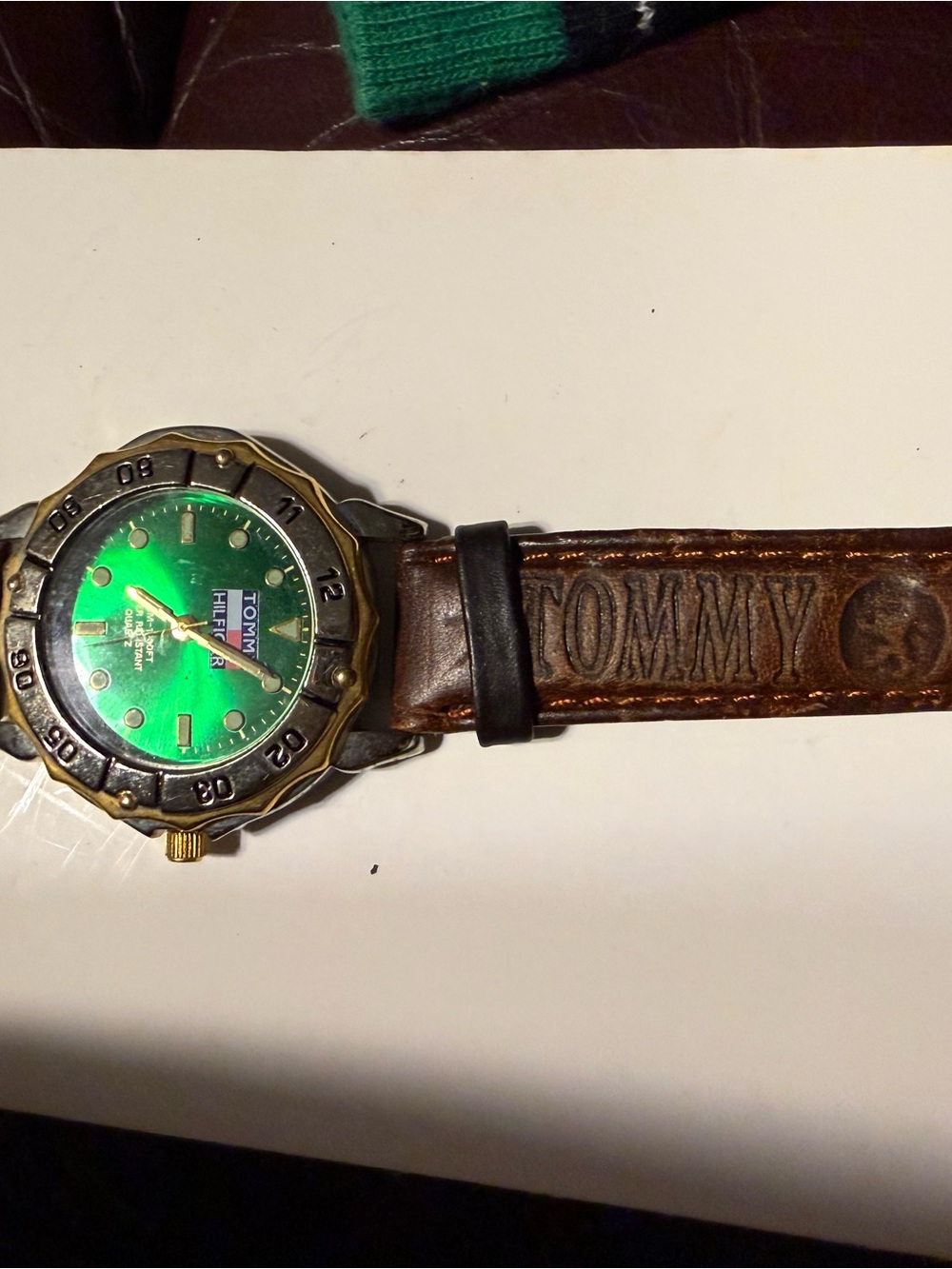 Tommy Hilfiger Green Dial Watch with Brown Leather Strap